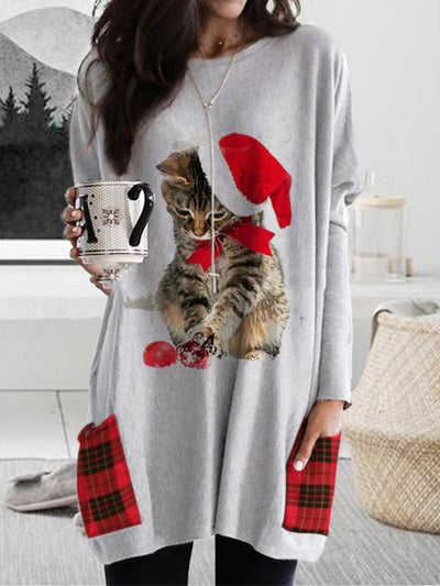 Christmas Cat Print Plaid Stitching Long-Sleeved T-Shirt