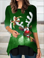 Reindeer Print Asymmetrical Hem Christmas T-Shirt