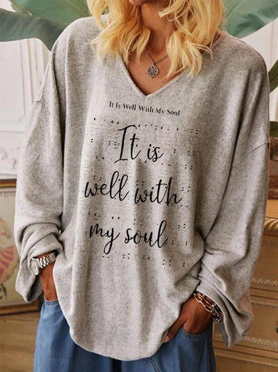 It Is Well With My Soul Print Casual V-Neck Long Sleeve T-Shirt