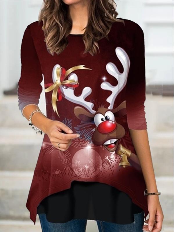 Reindeer Print Asymmetrical Hem Christmas T-Shirt